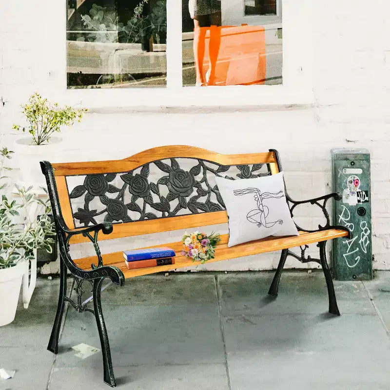 Banc de jardin en métal Costway pour patio, parc, jardin, porche ou allée, en fonte et bois dur