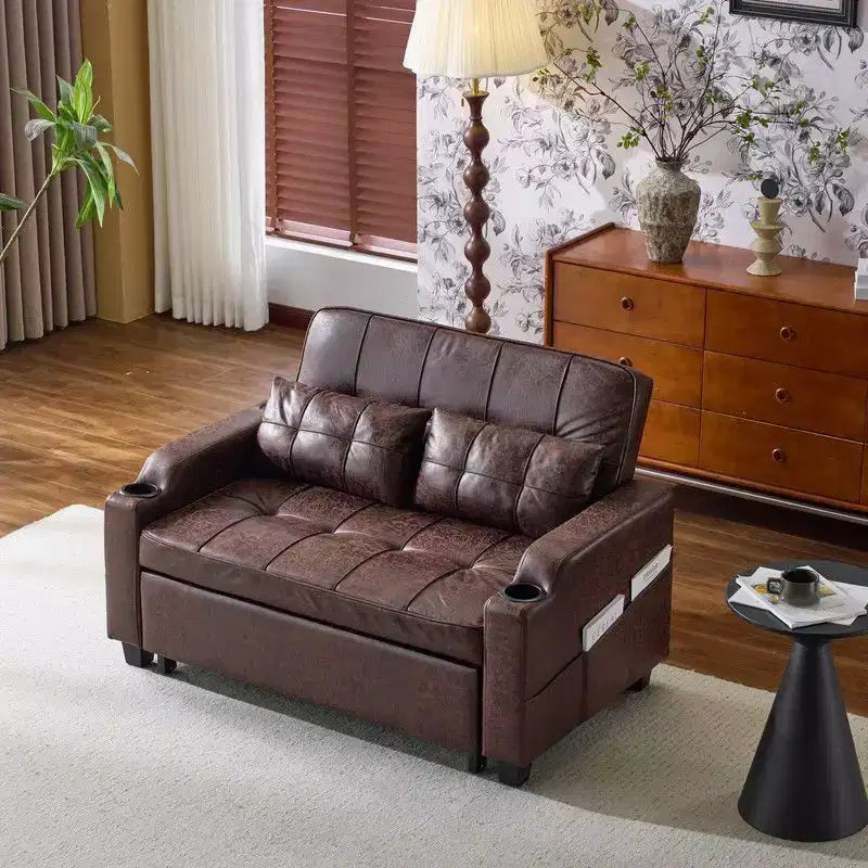 Gepolsterte, umwandelbare Schlafcouch mit Relaxfunktion aus Cat's-Claw-Leder, Kissen inklusive, für kleine Räume