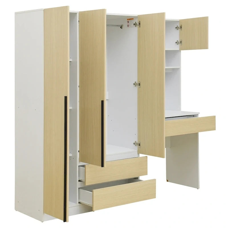 Armoire 3-en-1 avec coiffeuse et bureau, armoire de chambre avec 2 tiroirs et 3 portes de rangement
