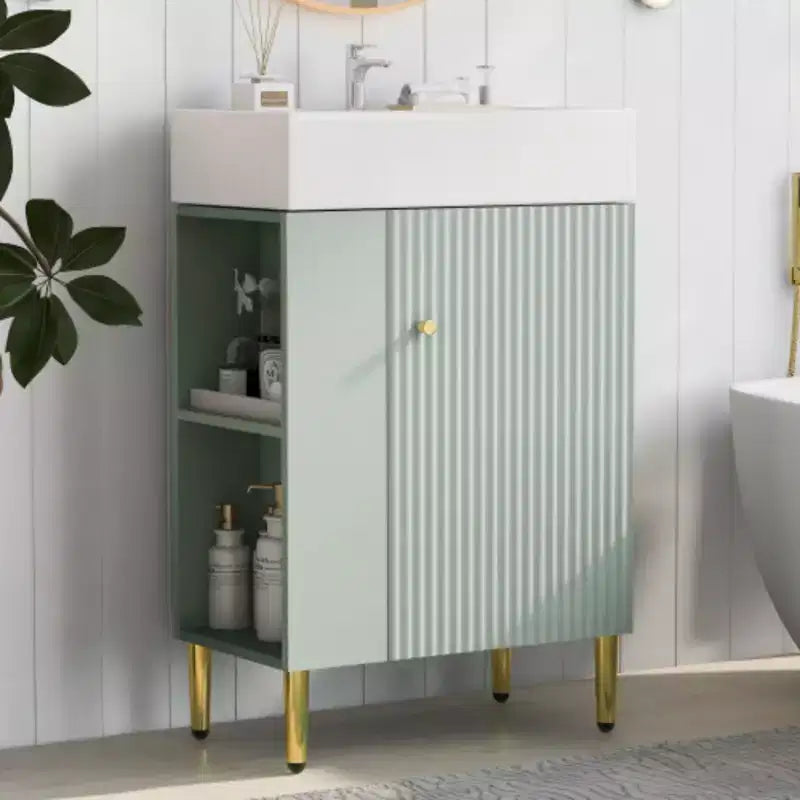 Meuble-lavabo de salle de bain blanc de 21.6, meuble combiné, meuble de rangement de salle de bain, vasque simple en céramique, rangement à gauche