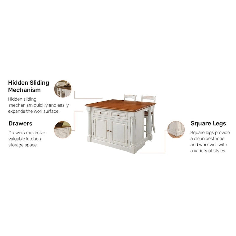 Homestyles Monarch 3-teiliges Kücheninsel-Set aus cremeweißem Holz mit ausklappbarer Holzplatte - 48' x 25' x 36'