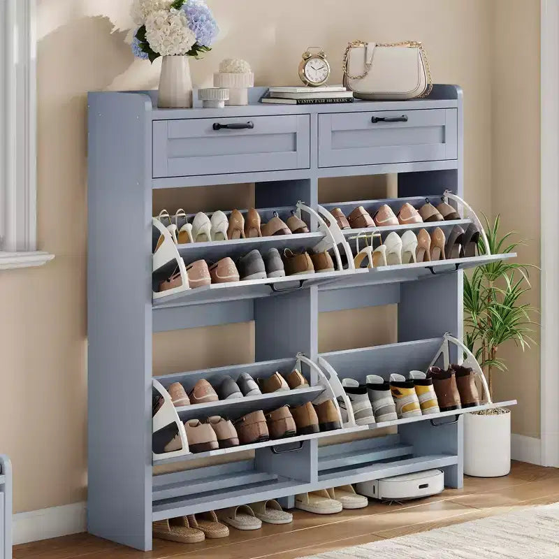 Schoenenkast met 4 klepdeuren en 2 bovenladen, houten schoenenkast met verstelbare plank, vrijstaand schoenenopbergmeubel