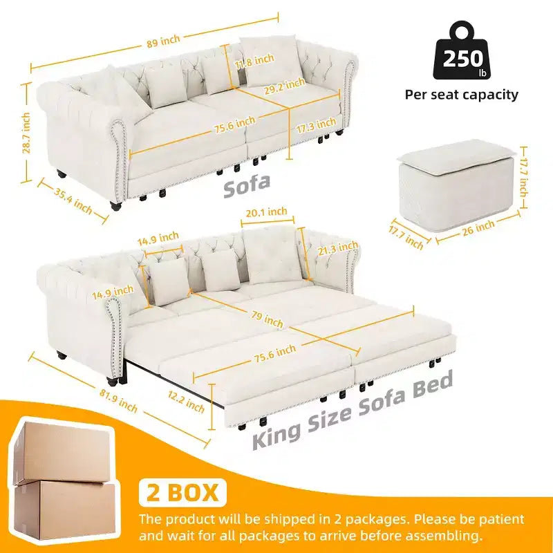 Canapé-lit convertible 3-en-1 Whisen en velours, format king size, avec pouf mobile, design capitonné