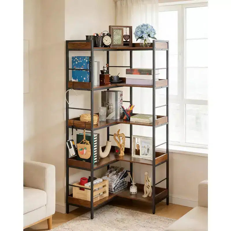 5-stufiges Eckbücherregal in L-Form, industrielles Bücherregal aus Holz und Metall, 65 (Rustikales Braun), beidseitig nutzbarer Stauraum für Wohnzimmer, Schlafzimmer und Heimbüro