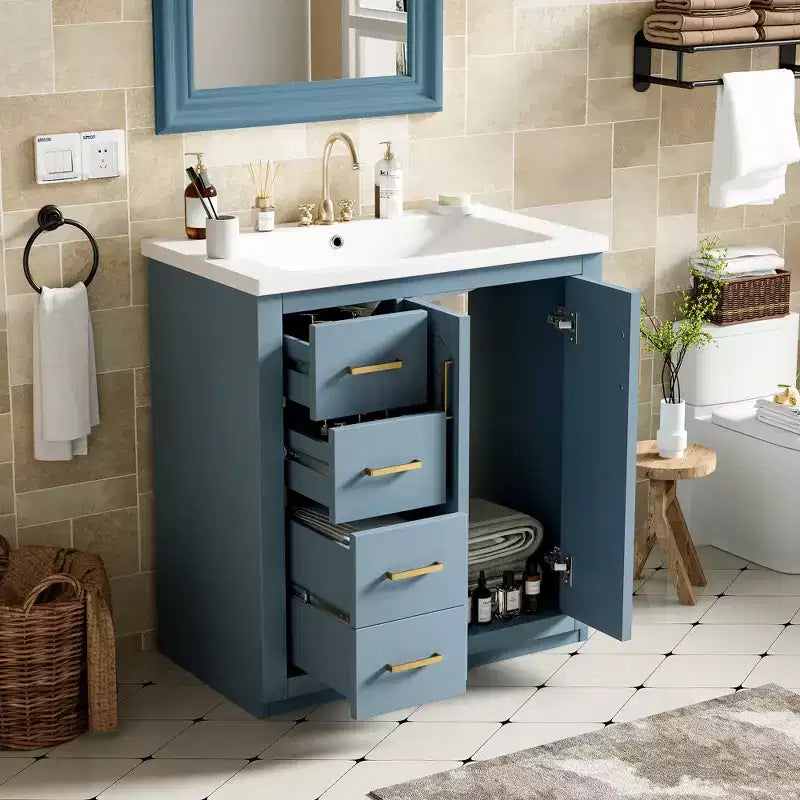 Badkamermeubel van 30 inch met enkele wastafel, kast en 3 laden - zwart / blauw / groen / indigo / wit