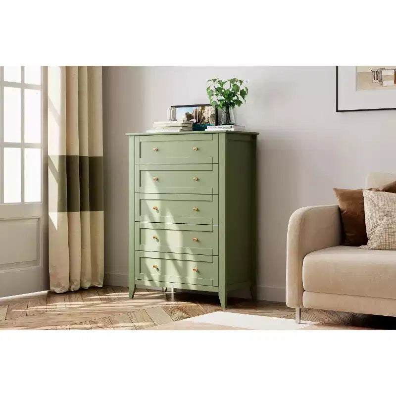 Cassettiera alta 42.5 pollici con 5 cassetti per camera da letto, mobile contenitore in legno con cassetti profondi 11.9 pollici e pomelli in metallo dorato, ideale per ingresso o corridoio