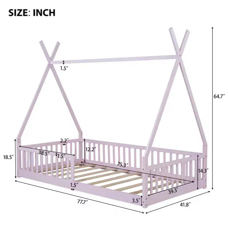 Vloerbed voor kinderen, tentbedden in eenpersoonsformaat, Montessori-vloerbed met latten en hekwerk, houten huisbedframe voor jongens en meisjes