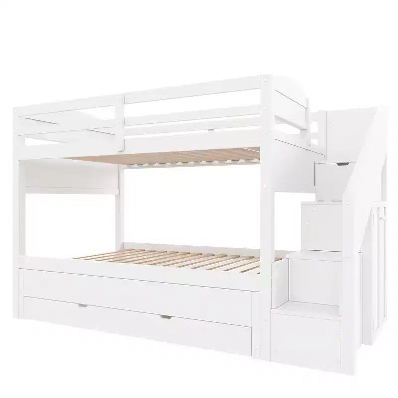 Struttura letto a castello singolo Whisen XL con letto estraibile, letto a castello con contenitore, legno massello, scala contenitore, armadio, 3 cassetti, per bambini