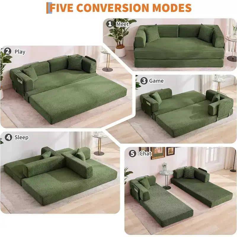 5-in-1 slaapbank, modulaire corduroy slaapbank van 78.8 met stevig frame, multifunctionele futon voor kleine ruimtes, woonkamer en logeerkamer