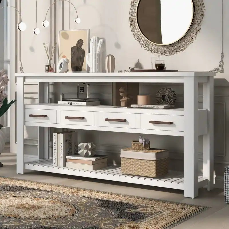Longue table console pour entrée et canapé avec tiroirs, table console de style rustique en bois avec 4 tiroirs et 2 étagères