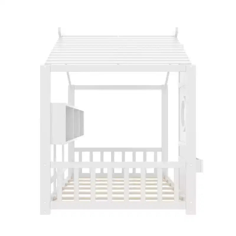 Bodenbett in Hausform für Kinder, Montessori-Spielhausbett mit Ablagefach und Dachdesign