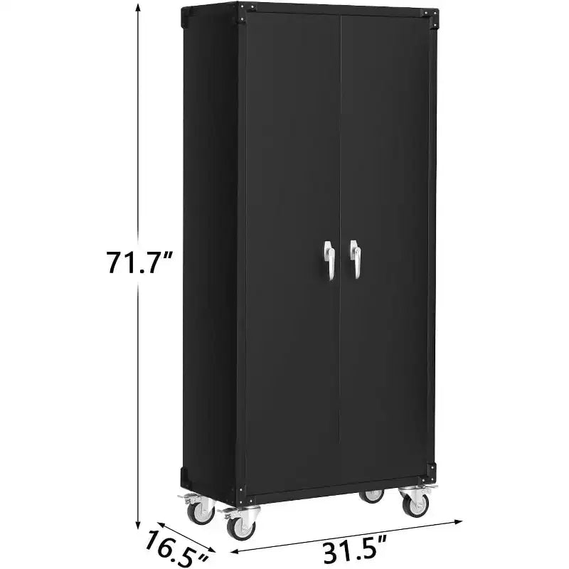 Armoire de rangement pour garage avec roulettes et panneau perforé, armoire métallique verrouillable de 72 H avec 2 portes et 4 étagères réglables pour atelier de garage