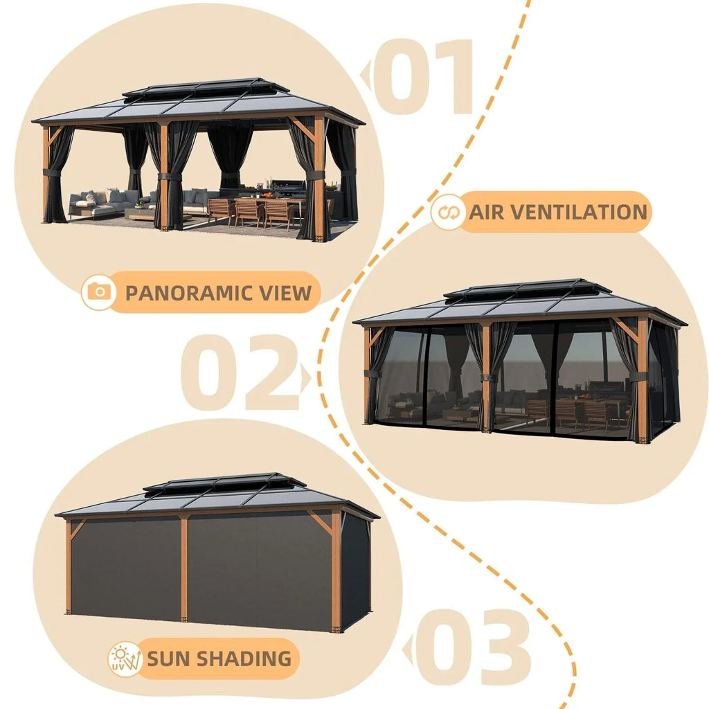 Gazebo EROMMY con tetto rigido, pergola da esterno con doppio tetto, rete e tende, copertura robusta per patio, giardino e feste in piscina