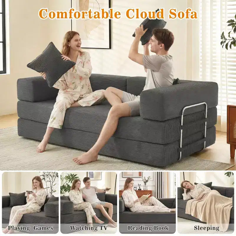 Dyonery canapé-lit pliant 78 en velours côtelé, convertible en lit, format king size, couchage au sol, canapé modulable 4-en-1 à combiner soi-même, confortable et dépliable.