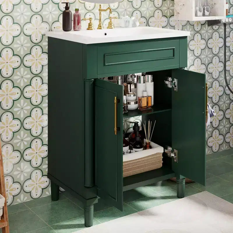 Meuble-lavabo de salle de bains 24 avec lavabo en céramique, meuble de style Shaker, 2 portes à fermeture amortie, structure en bois massif pour petite salle de bains ou salle d'eau