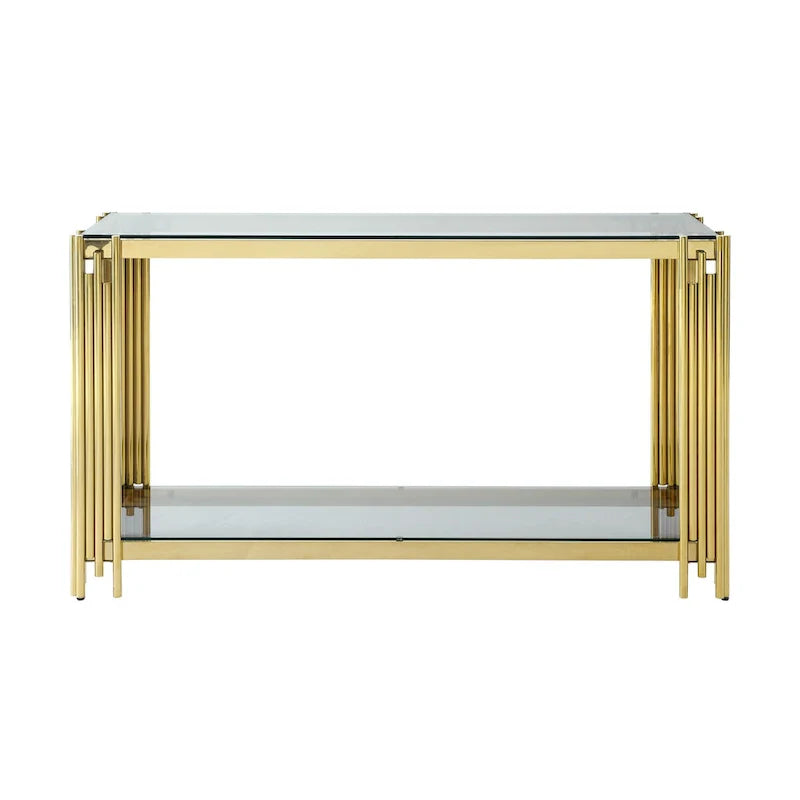Table console étroite à 2 niveaux avec structure métallique finition or et plateau en verre trempé