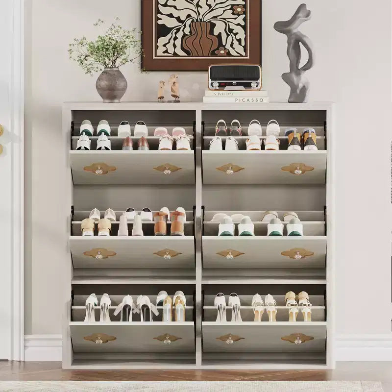 Meuble à chaussures en bois avec 6 tiroirs basculants, étagères réglables, motif floral, poignées en losange, rangement mince sur pied pour l’entrée