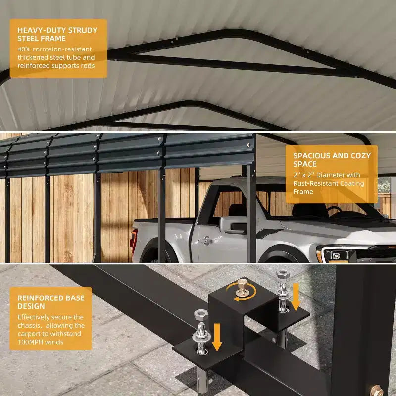 LinTimes metalen carport van 12x24 FT met gegalvaniseerd stalen dak, gepoedercoat frame, waterbestendige overkapping voor voertuigen en bescherming buitenshuis