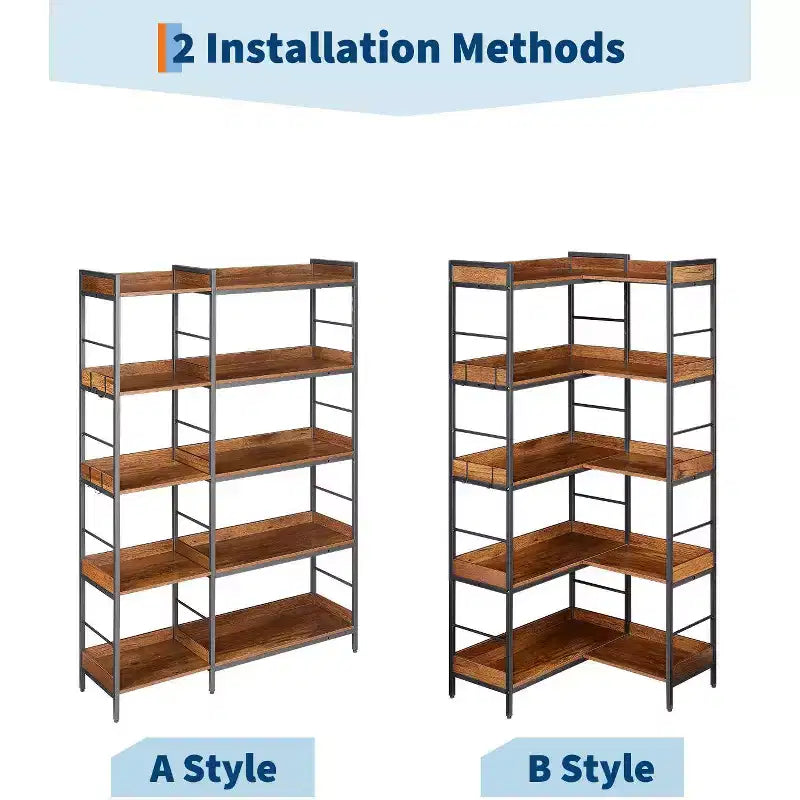 5-stufiges Eckbücherregal in L-Form, industrielles Bücherregal aus Holz und Metall, 65 (Rustikales Braun), beidseitig nutzbarer Stauraum für Wohnzimmer, Schlafzimmer und Heimbüro