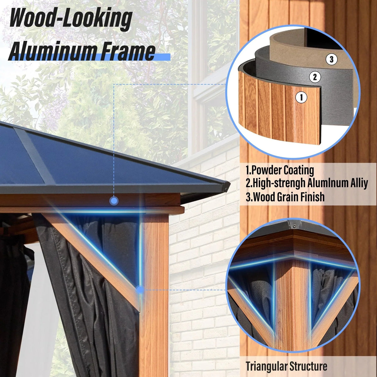 Gazebo EROMMY con tetto rigido, pergola da esterno con doppio tetto, rete e tende, copertura robusta per patio, giardino e feste in piscina