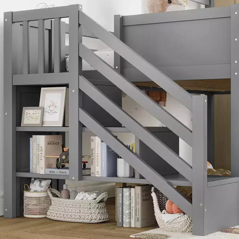 Einzel-Hochbett mit 3 Schubladen und Treppe mit Stauraum, Hausbett aus Holz mit Rutsche und abnehmbarem Schreibtisch