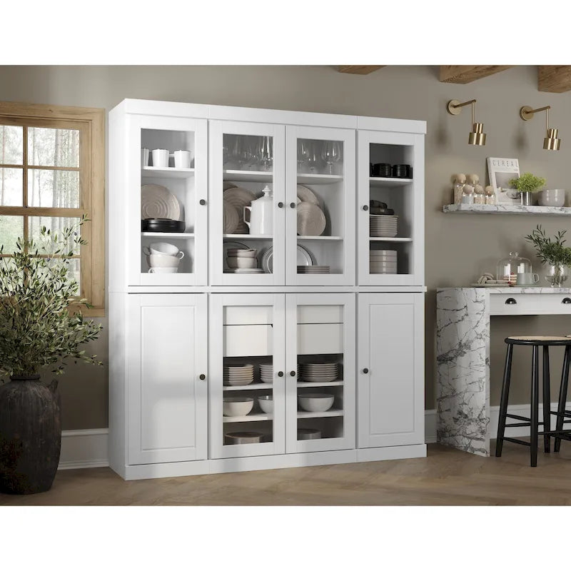Credenza dispensa da cucina in legno massello al 100%, con ante in vetro o legno massello e kit con 2 cassetti, 65 x 71.5