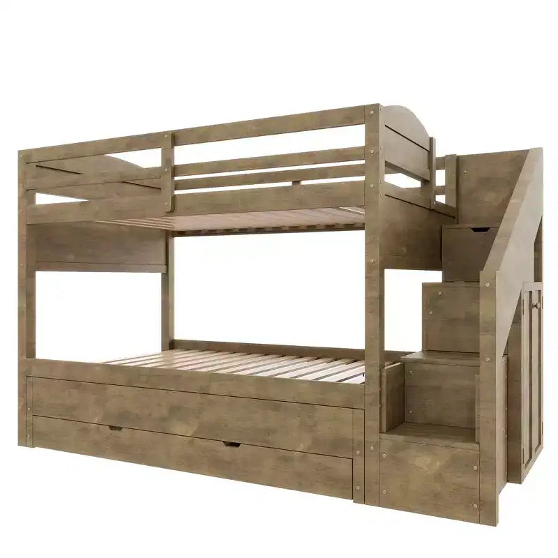 Struttura letto a castello singolo Whisen XL con letto estraibile, letto a castello con contenitore, legno massello, scala contenitore, armadio, 3 cassetti, per bambini