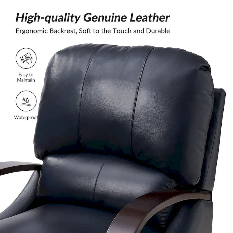 Alex handmatige relaxfauteuil van echt sigarenkleurig leer in mid-century moderne stijl, met gebogen houten armleuningen