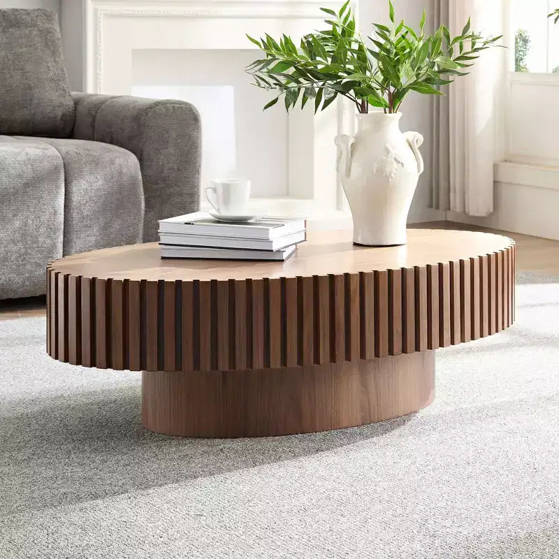 Table basse ovale/carrée minimaliste cannelée, table centrale d'appoint, frêne naturel/noyer/noir mat-ModernLuxe
