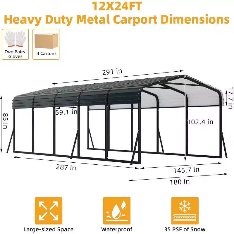 LinTimes metalen carport van 12x24 FT met gegalvaniseerd stalen dak, gepoedercoat frame, waterbestendige overkapping voor voertuigen en bescherming buitenshuis