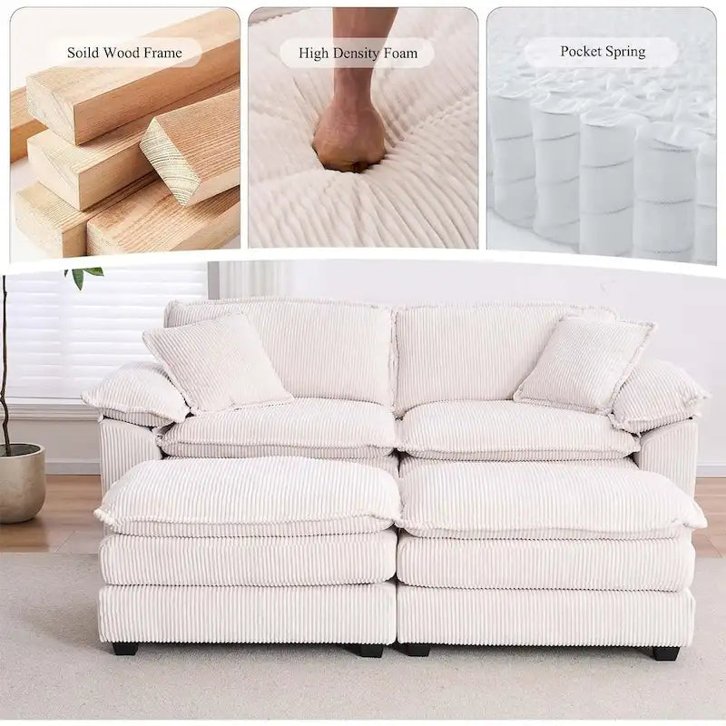 Modernes 2-Sitzer-Cordsofa mit 4 Stützkissen und 2 Hockern