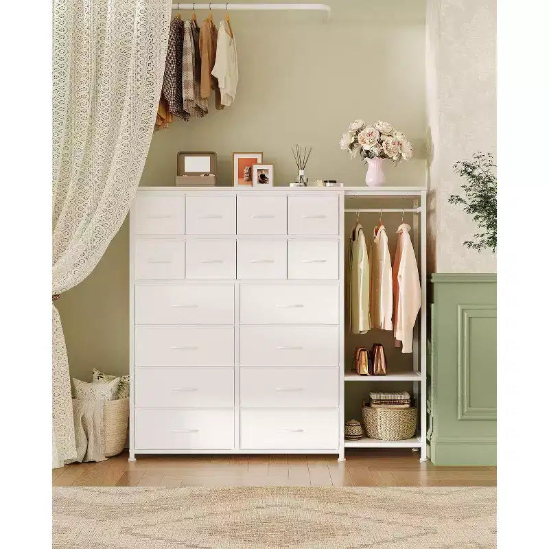 Commode avec 16 tiroirs, tringle de penderie et étagères, organisateur de rangement en tissu pour chambre, placard ou entrée