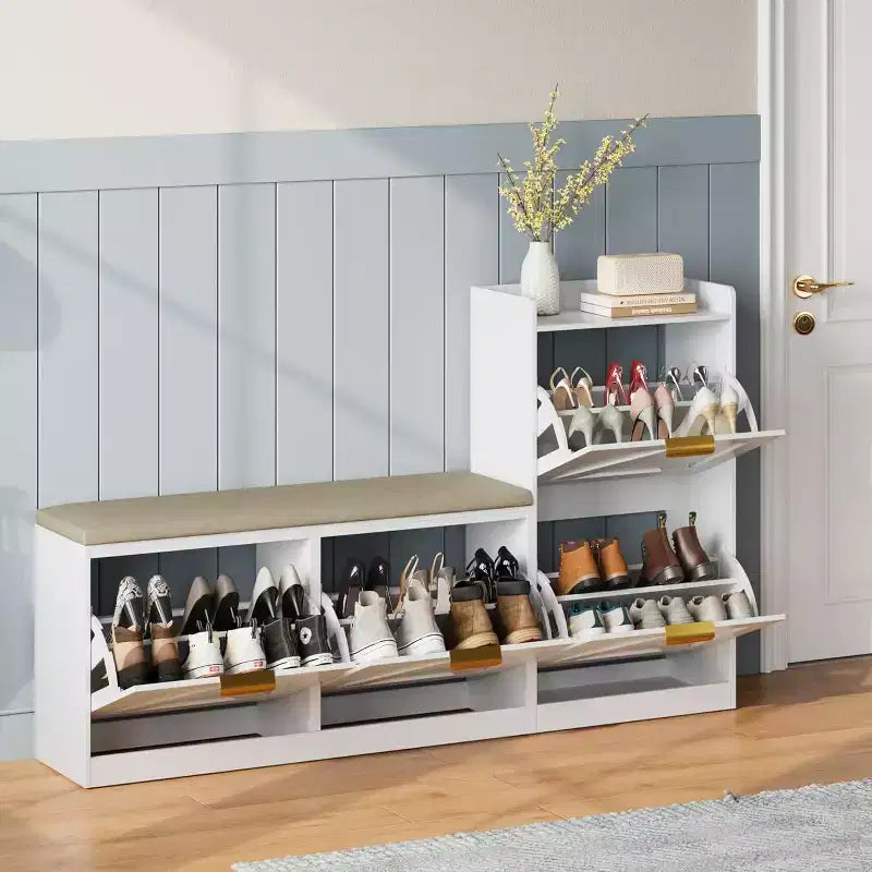 Meuble à chaussures avec banc et 4 tiroirs basculants - Rangement étroit pour entrée, pour 35-40 paires