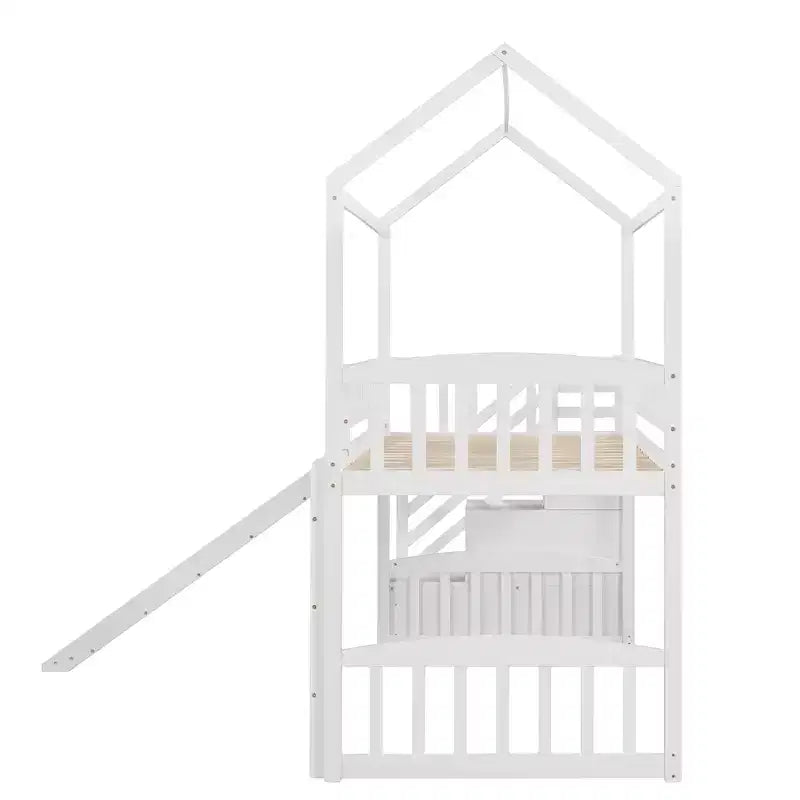 Halfhoogslaper in de vorm van een huis met glijbaan en trap, met opbergladen, houten hutbed voor kinderen en peuters