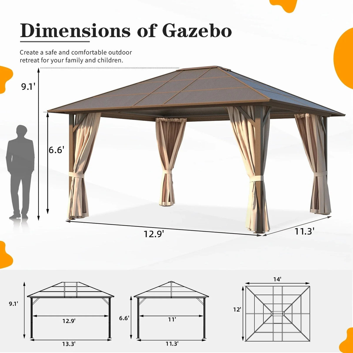 Gazebo EROMMY con tetto rigido, pergola da esterno con doppio tetto, rete e tende, copertura robusta per patio, giardino e feste in piscina