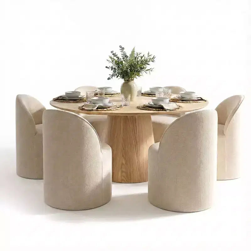 Moderne eethoek voor 6 personen, ronde eettafel met centrale voet, draaibare kuipstoelen op wieltjes, chenillestof met structuur - Panipeachy