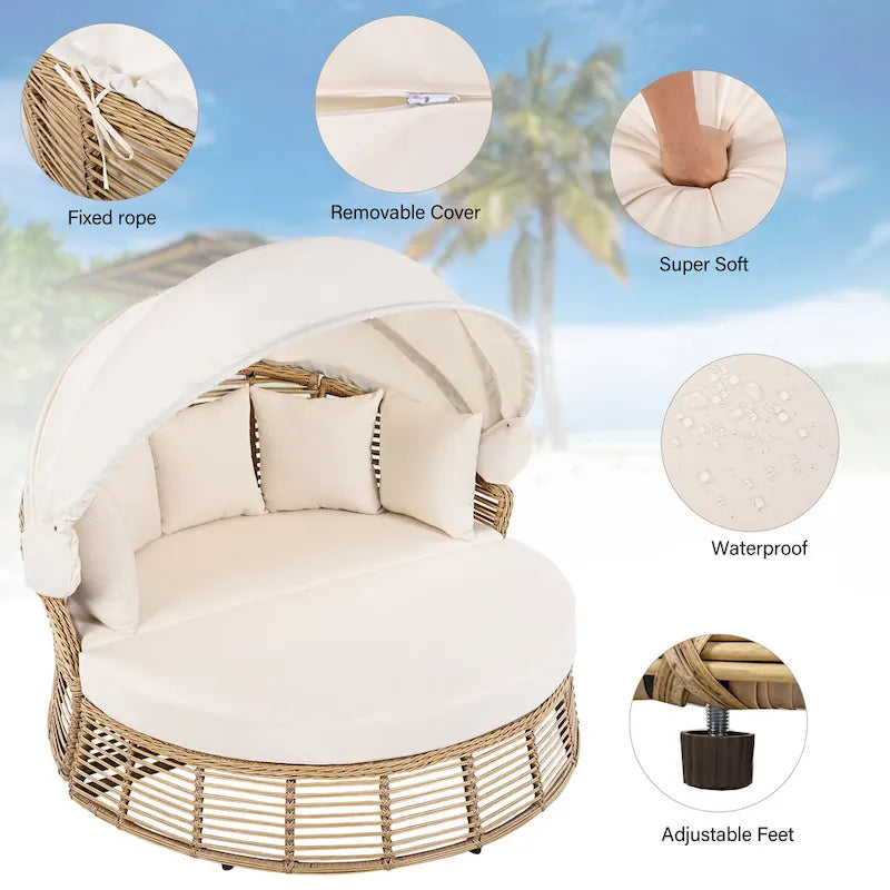 Daybed rotondo da esterno in rattan con tettoia e cuscini rimovibili