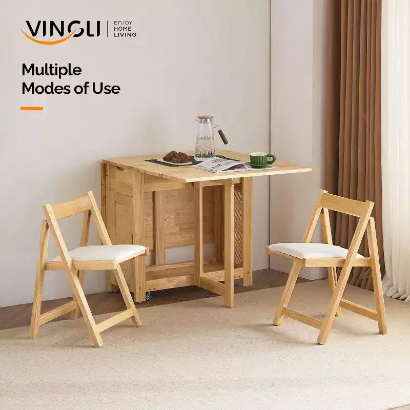 Ensemble table à manger pliante VINGLI, table extensible en bois massif à abattants avec 4 chaises, tiroirs et roulettes, gain de place pour la cuisine