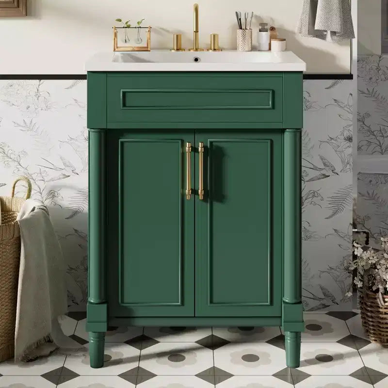 Meuble-lavabo de salle de bains 24 avec lavabo en céramique, meuble de style Shaker, 2 portes à fermeture amortie, structure en bois massif pour petite salle de bains ou salle d'eau