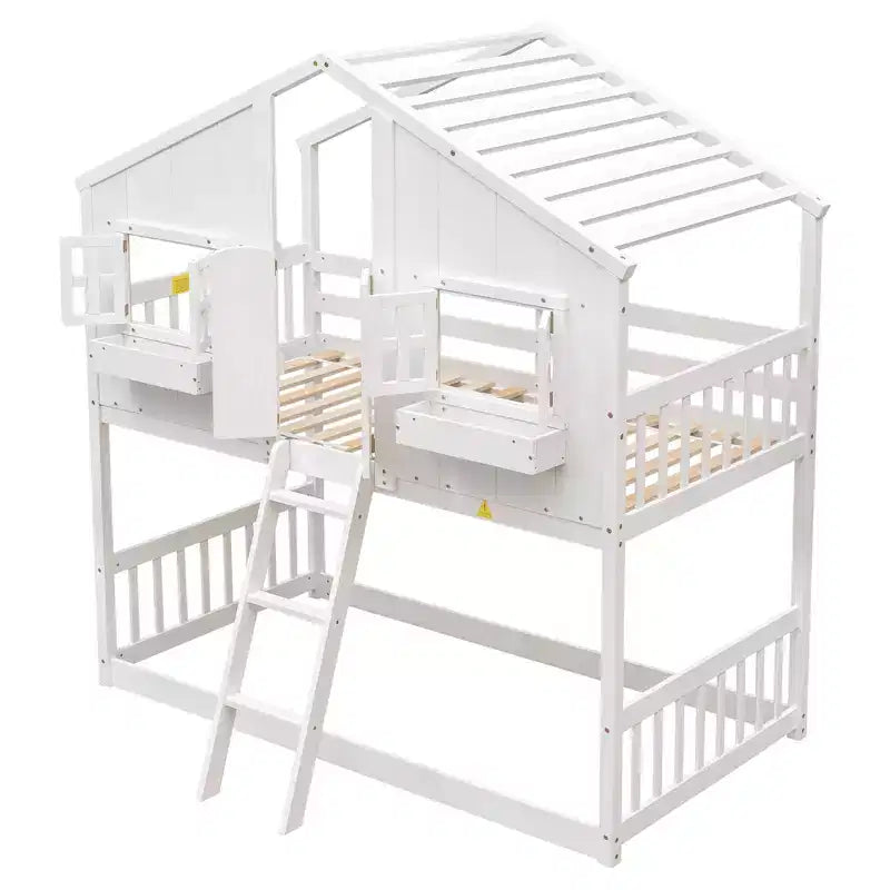 Letto a soppalco a forma di casetta per letto singolo, in legno, con scala e sponde di protezione per bambini