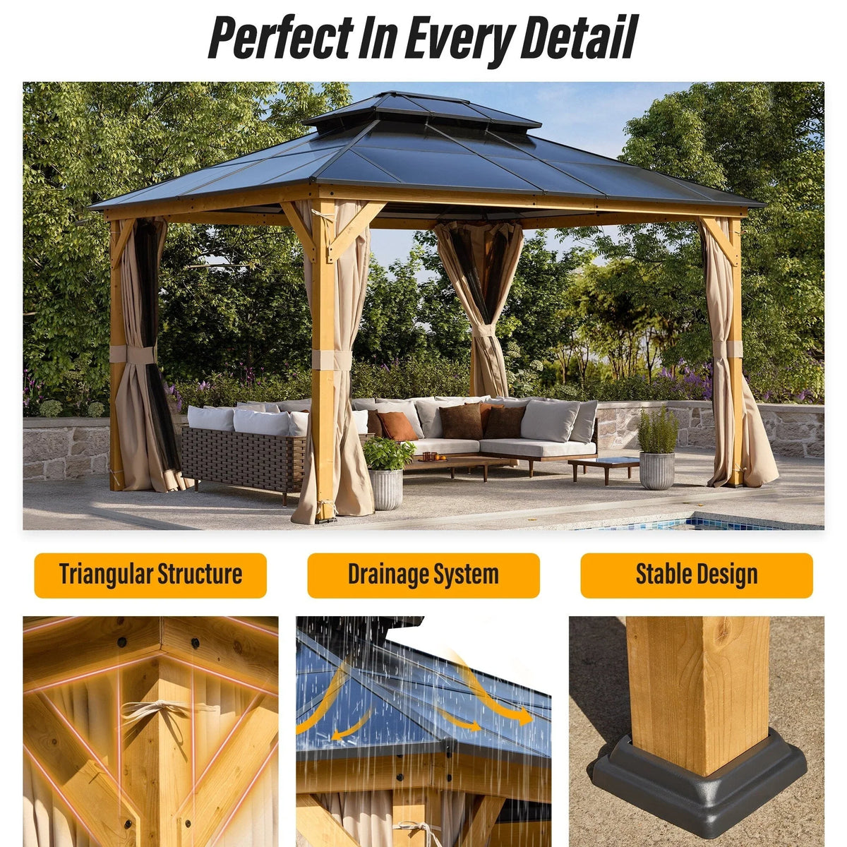 Gazebo EROMMY con tetto rigido, pergola da esterno con doppio tetto, rete e tende, copertura robusta per patio, giardino e feste in piscina