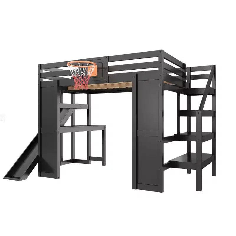 Lit mezzanine complet en bois Luxystar avec bureau, toboggan, panier de basket et escalier de rangement pour enfants et adolescents
