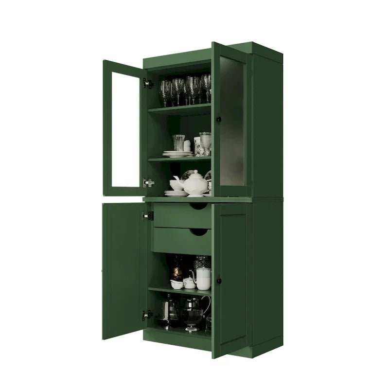 Credenza dispensa in legno massello al 100% con ante in vetro satinato, ante piene, 2 cassetti e ripiani regolabili