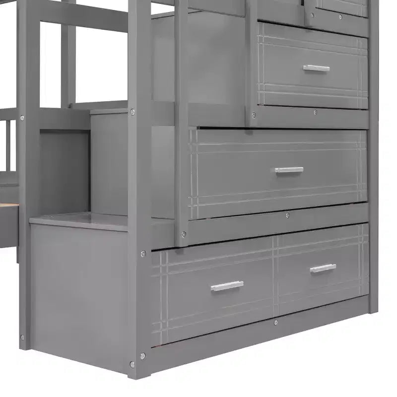 Lit superposé Whisen avec lit double au-dessus de deux lits simples, en bois, avec tiroirs et barrières de sécurité