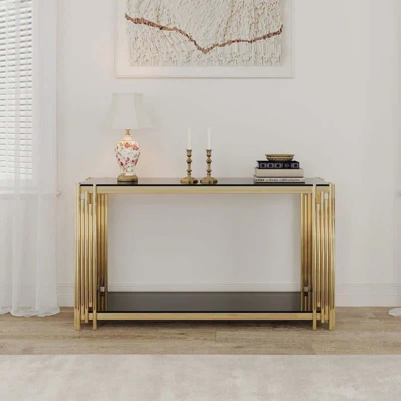 Table console étroite à 2 niveaux avec structure métallique finition or et plateau en verre trempé