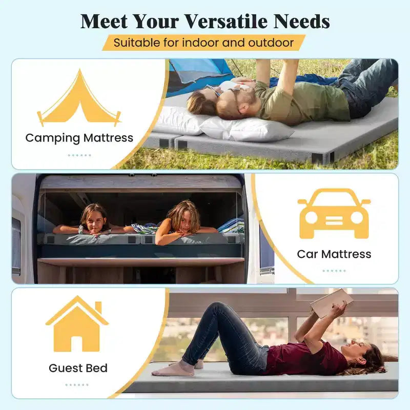 Matelas de camping Costway en mousse à mémoire de forme avec dessous antidérapant et sac de transport, pour dormir à l’extérieur, gris/bleu