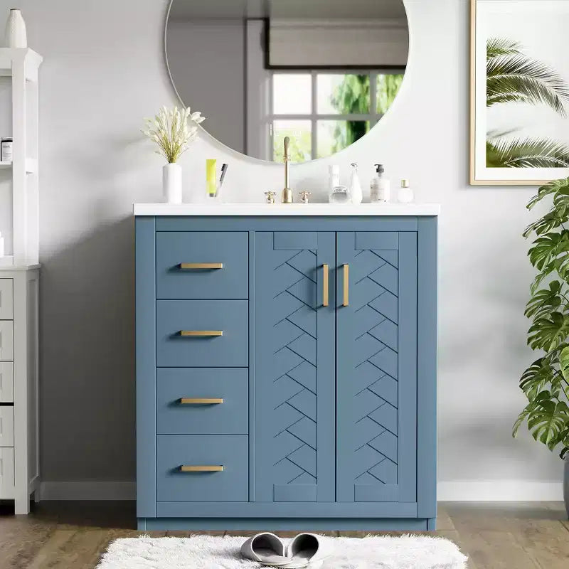 Badkamermeubel van 30 inch met enkele wastafel, kast en 3 laden - zwart / blauw / groen / indigo / wit