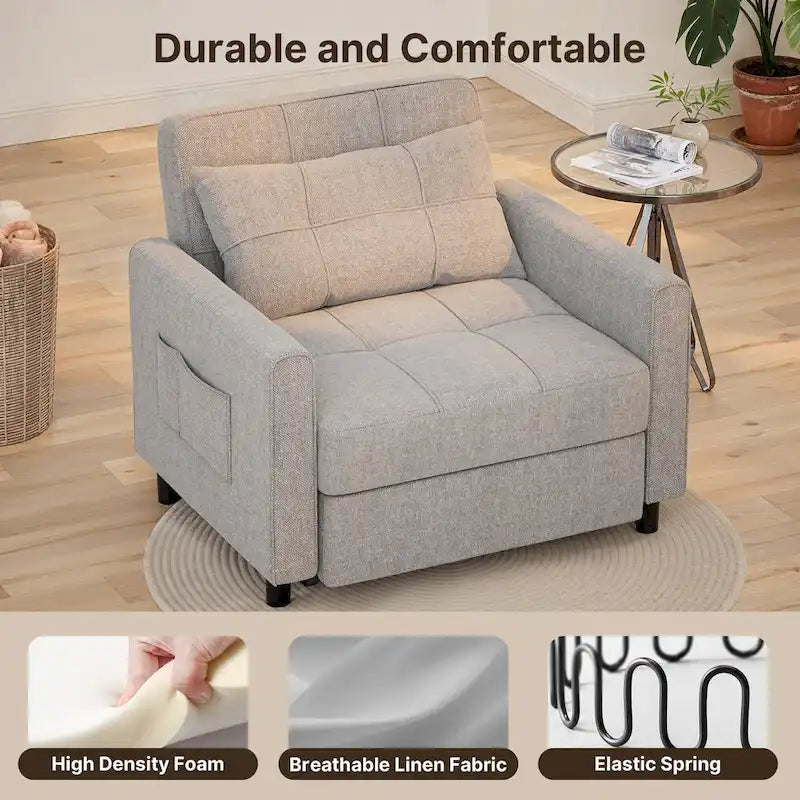 Fauteuil convertible 3-en-1 avec lit escamotable, canapé lounge rembourré convertible, réglable et pliable