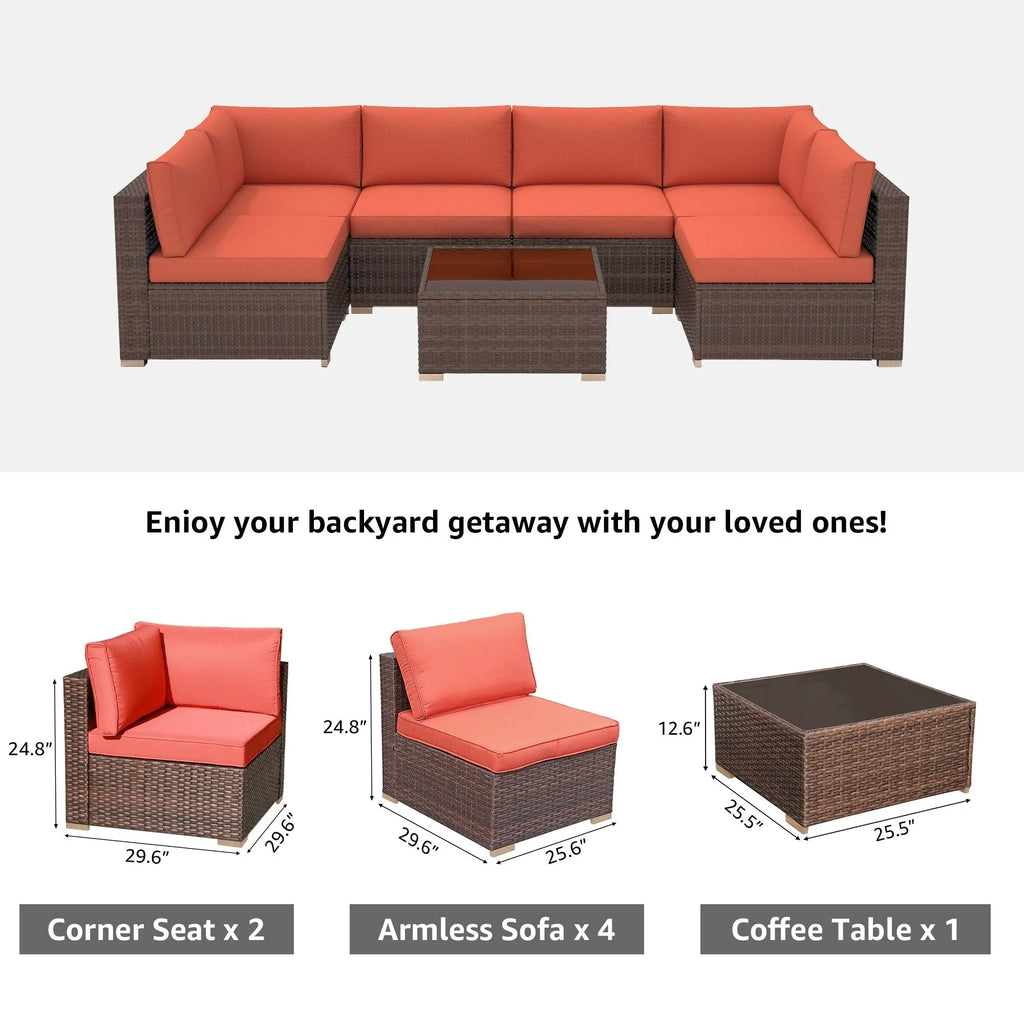 7-teiliges Outdoor-Ecksofaset aus Rattan und Stahl mit Kissen