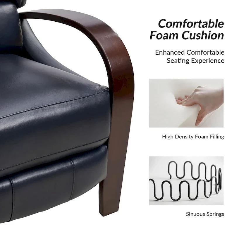 Alex handmatige relaxfauteuil van echt sigarenkleurig leer in mid-century moderne stijl, met gebogen houten armleuningen